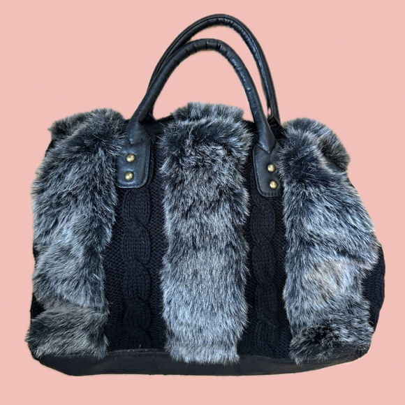 Y2K Faux Fur Knit Tote Bag – McBling Bimbo Era Handbag, Black & Grey - Picture 1 of 9